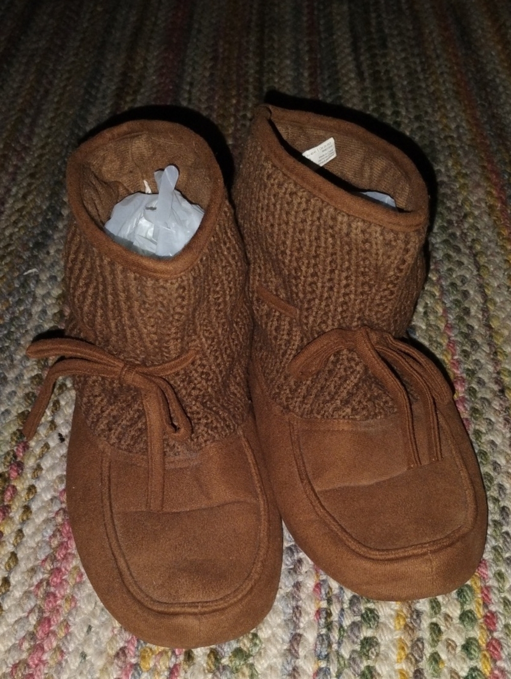 Brown Knit Cuff Ankle Slippers with Tie Detail 9/10